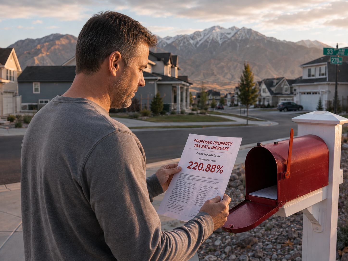 Eagle Mountain homeowner reading a proposed 220.88% property tax rate increase notice beside a red mailbox.