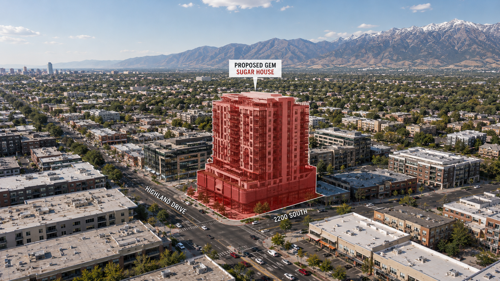 Aerial view of central Sugar House near Highland Drive and 2100 South in Salt Lake City