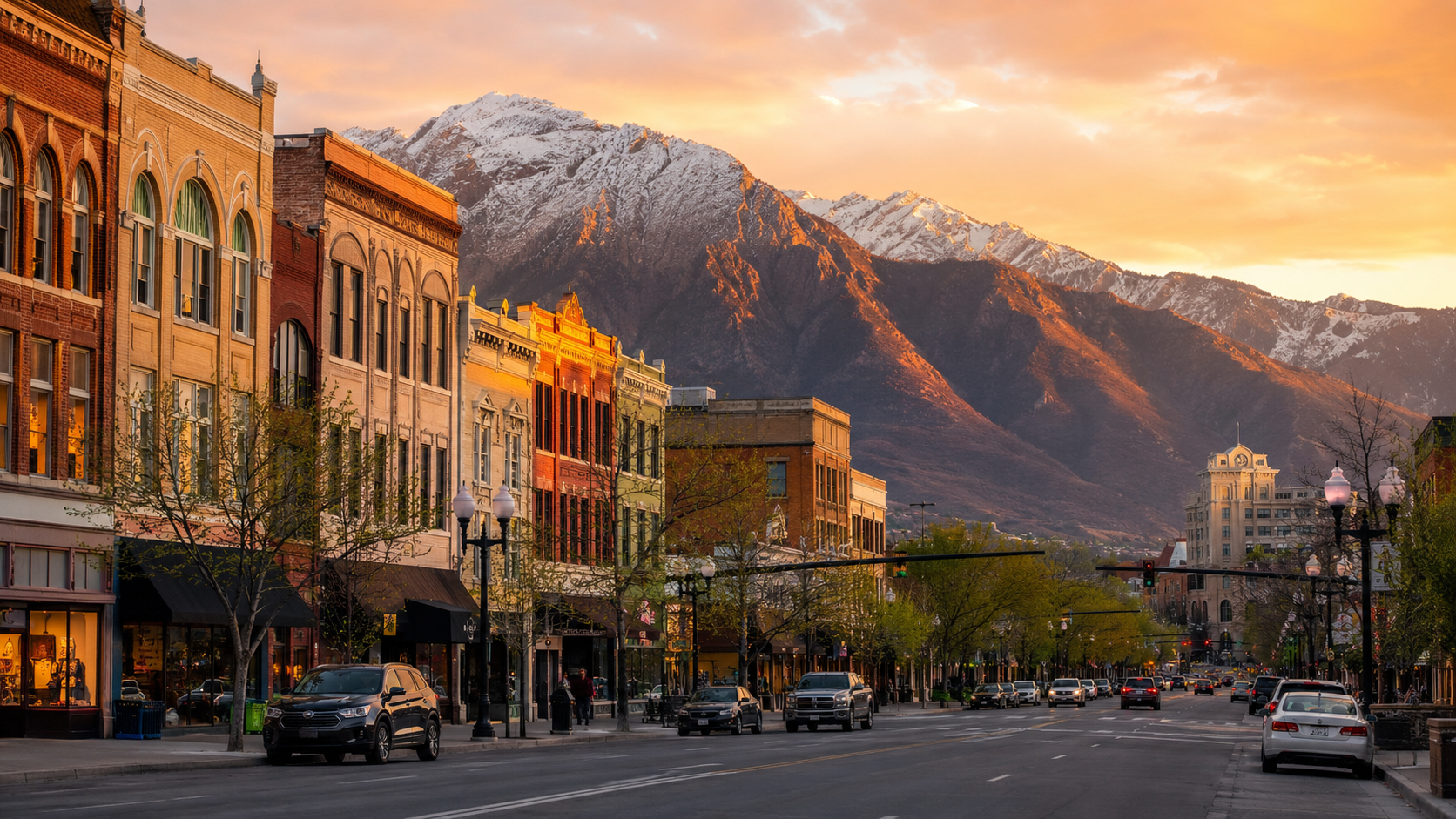 Downtown Ogden street with historic buildings and Wasatch Mountains in the background at sunset, highlighting the city’s charm and real estate appeal.