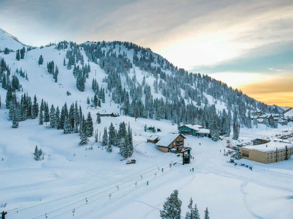 Snow-covered homes near Alta Ski Resort in Little Cottonwood Canyon, Utah
