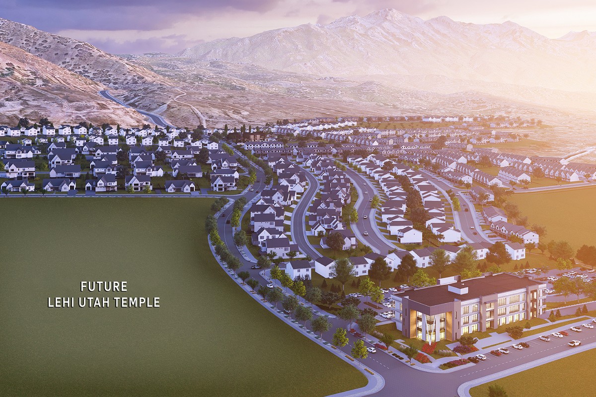 Aerial master-plan rendering of a planned Lehi neighborhood of homes and streets beside an open field labeled 'Future Lehi Utah Temple,' with mountains behind.