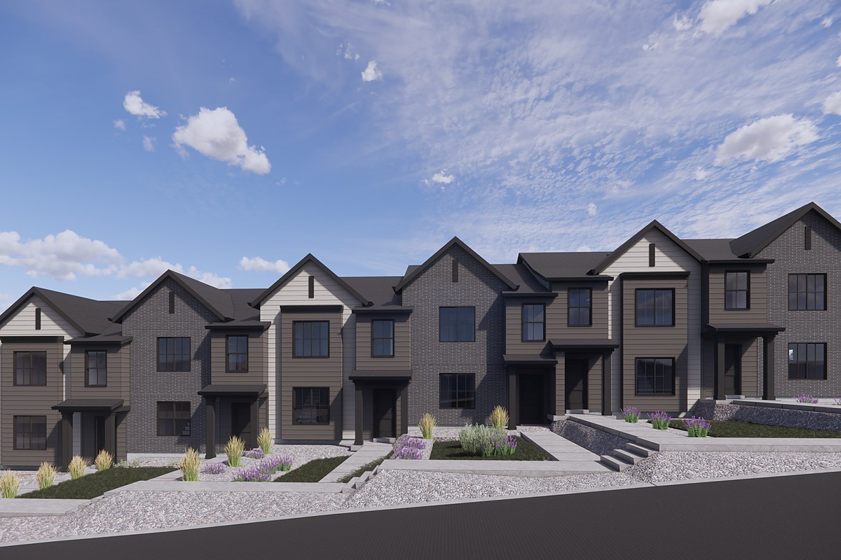 Rendering of planned two-story townhomes with gray, tan and brick facades and landscaped front walks, similar to those D.R. Horton plans at Inverness in Lehi, Utah.