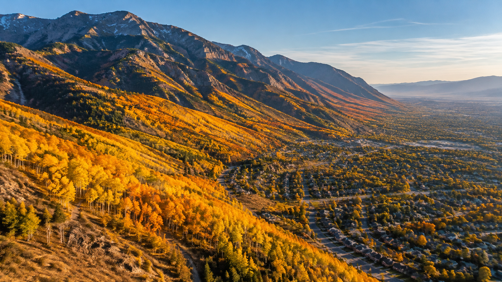Utah fall colors across the Wasatch Mountains above Utah County communities