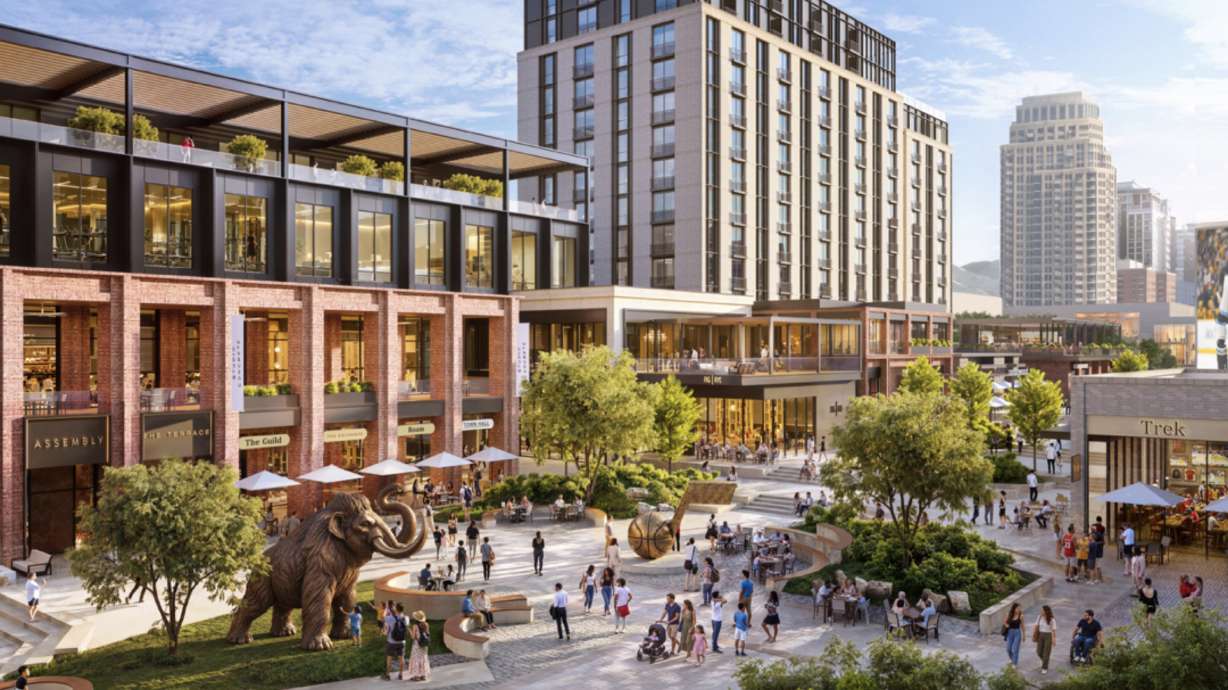 Rendering of a public plaza with a mammoth sculpture, outdoor dining and shops in Salt Lake City's planned entertainment district