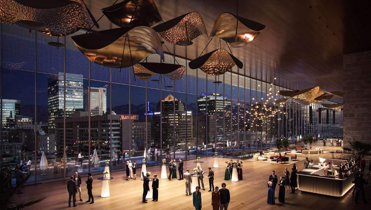 Rendering of an upscale indoor event space with floor-to-ceiling windows overlooking downtown Salt Lake City at night