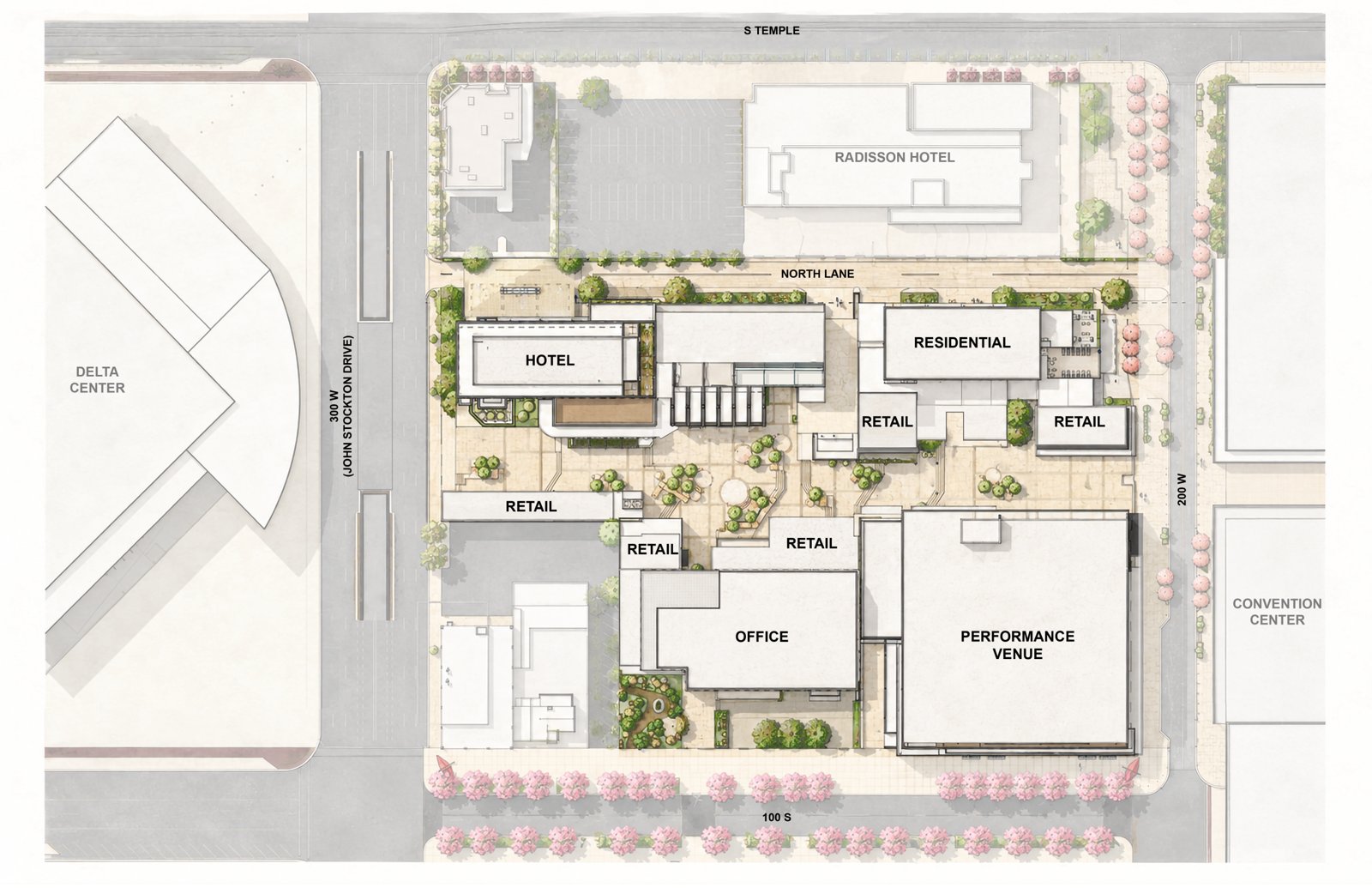 Site plan of the Salt Lake City entertainment district block between South Temple, 200 West, 100 South and 300 West, with labeled hotel, residential, retail, office and performance venue spaces next to the Delta Center and Salt Palace Convention Center