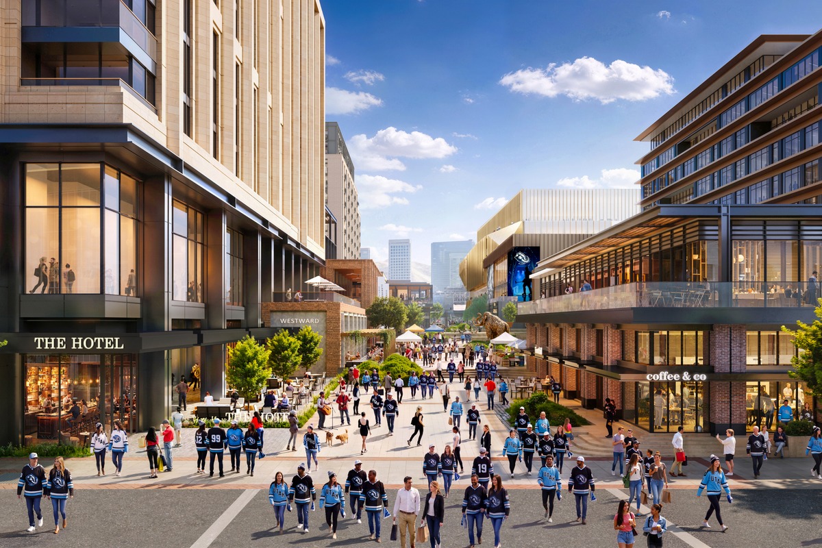 Rendering of the car-free paseo in Salt Lake City's planned entertainment district near the Delta Center