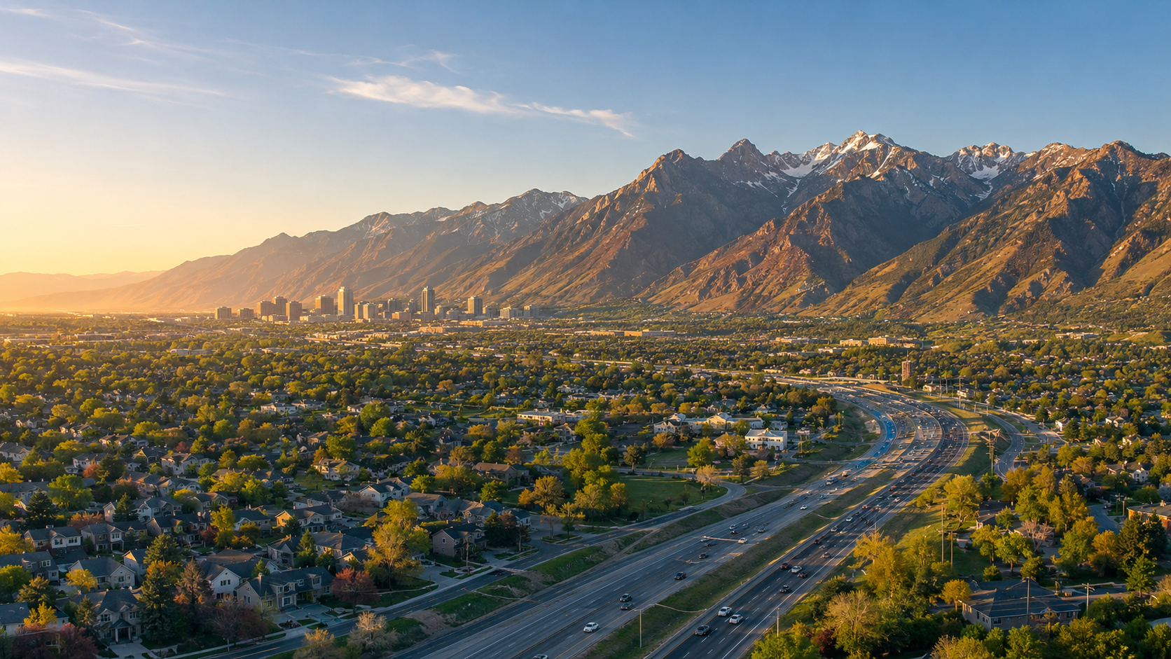 Panoramic view of Utah’s Wasatch Front with suburbs, mountains, and I-15 corridor showing real estate growth patterns