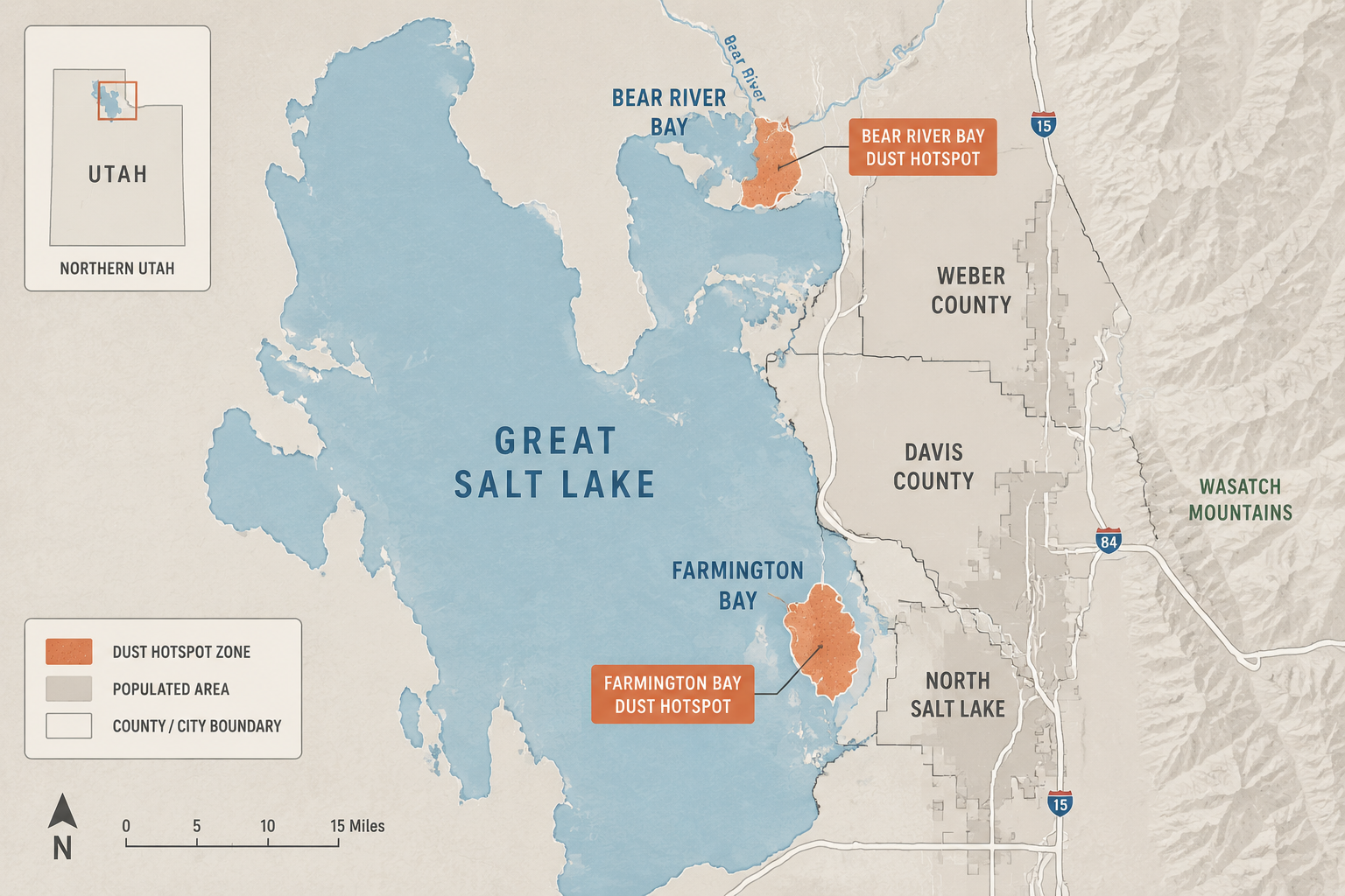 Map of Great Salt Lake dust hotspots near Davis and Weber County