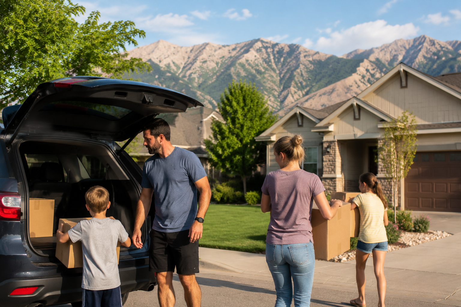 Family moving into a home in a Davis County Utah neighborhood