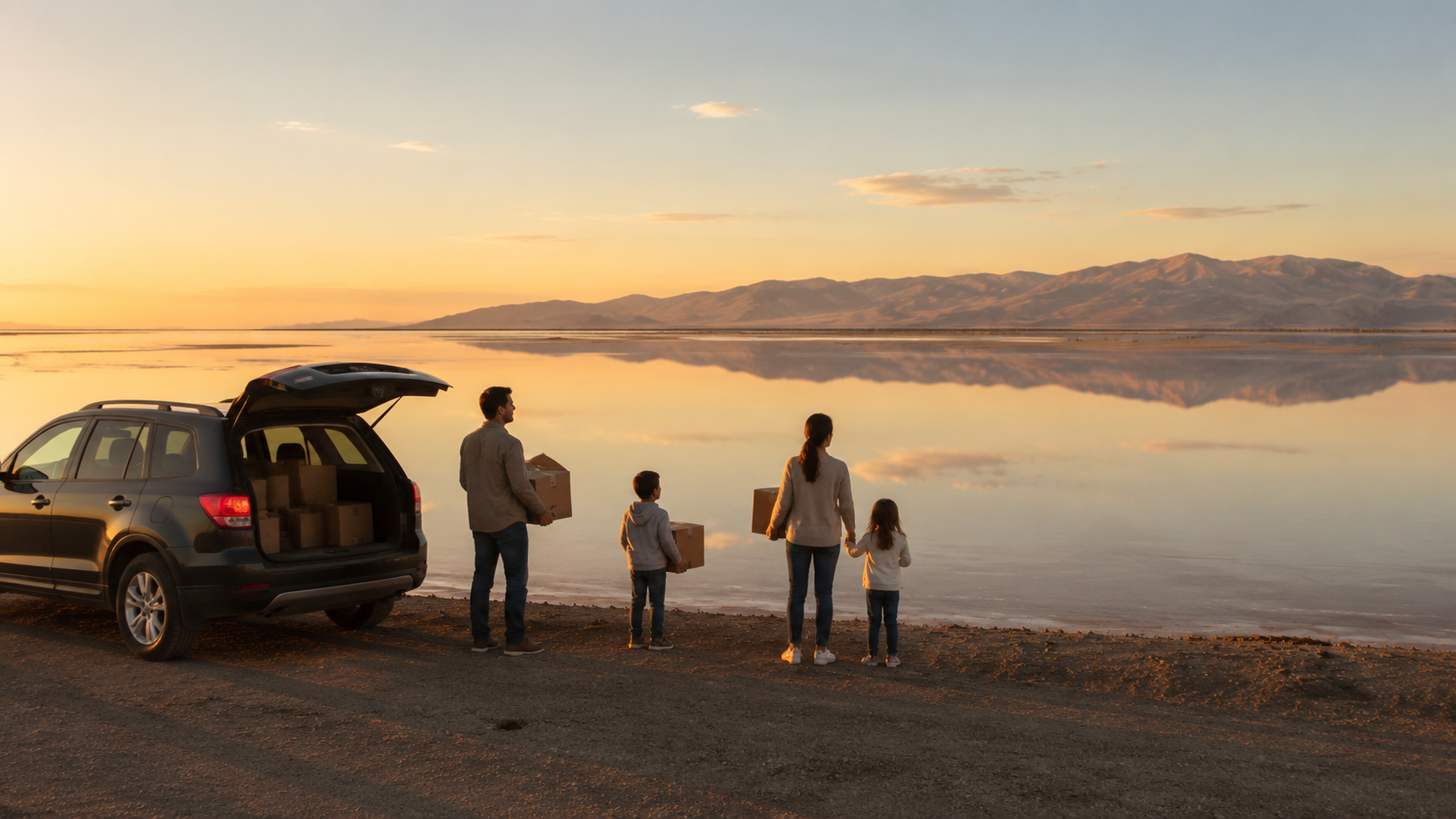Family relocating near the Great Salt Lake with moving boxes and SUV, showcasing the scenic Utah shoreline, golden sunset light, and mountain views.
