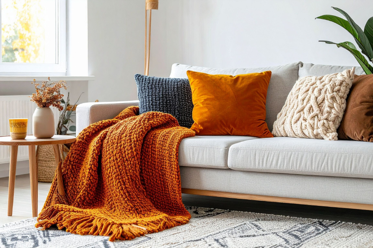 Cozy Utah living room staged with fall décor, warm lighting, and neutral accents to attract home buyers.