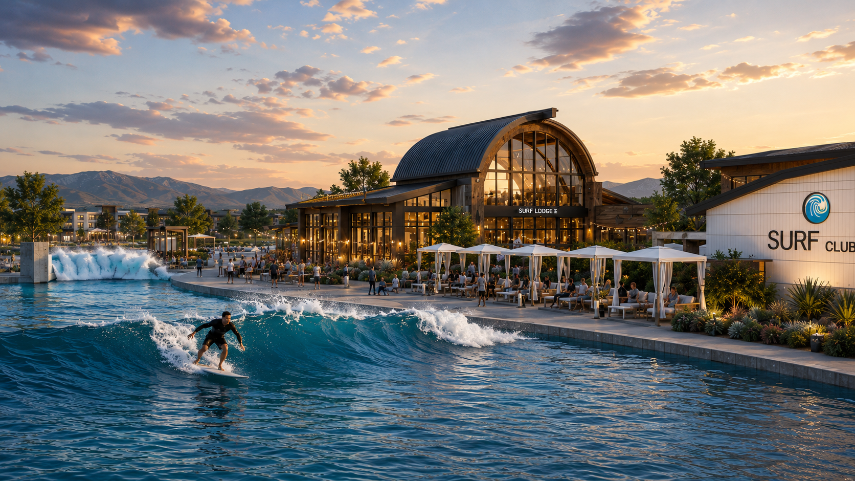 Aerial rendering of the Draper Surf Park at Veranda West showing the surf lagoon, a surfer and Wasatch Mountains backdrop