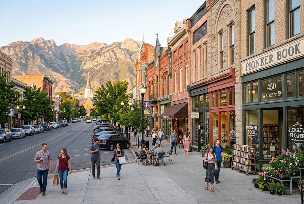People walking along Center Street in downtown Provo, Utah, with local shops and storefronts lining the sidewalk.