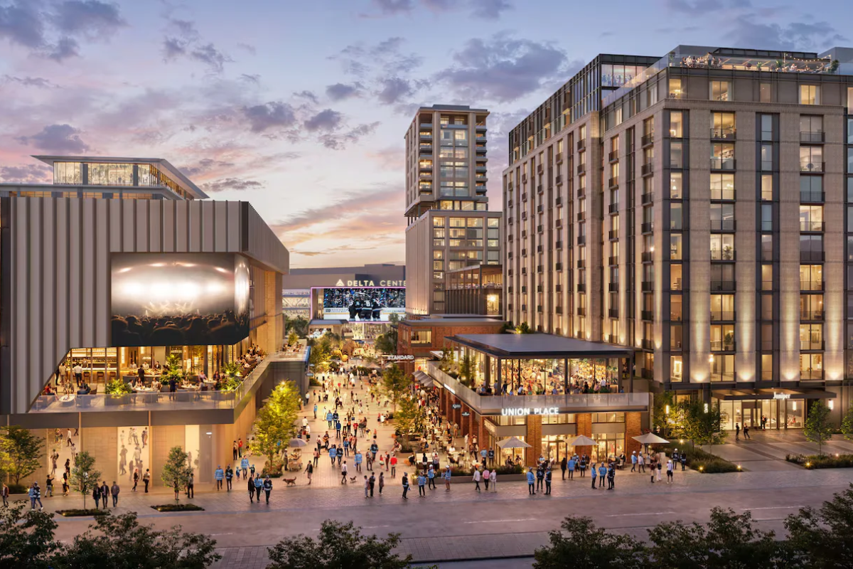 Artist's rendering of Smith Entertainment Group's proposed downtown Salt Lake City entertainment district featuring the Delta Center area, convention facilities, housing, retail and pedestrian connections.