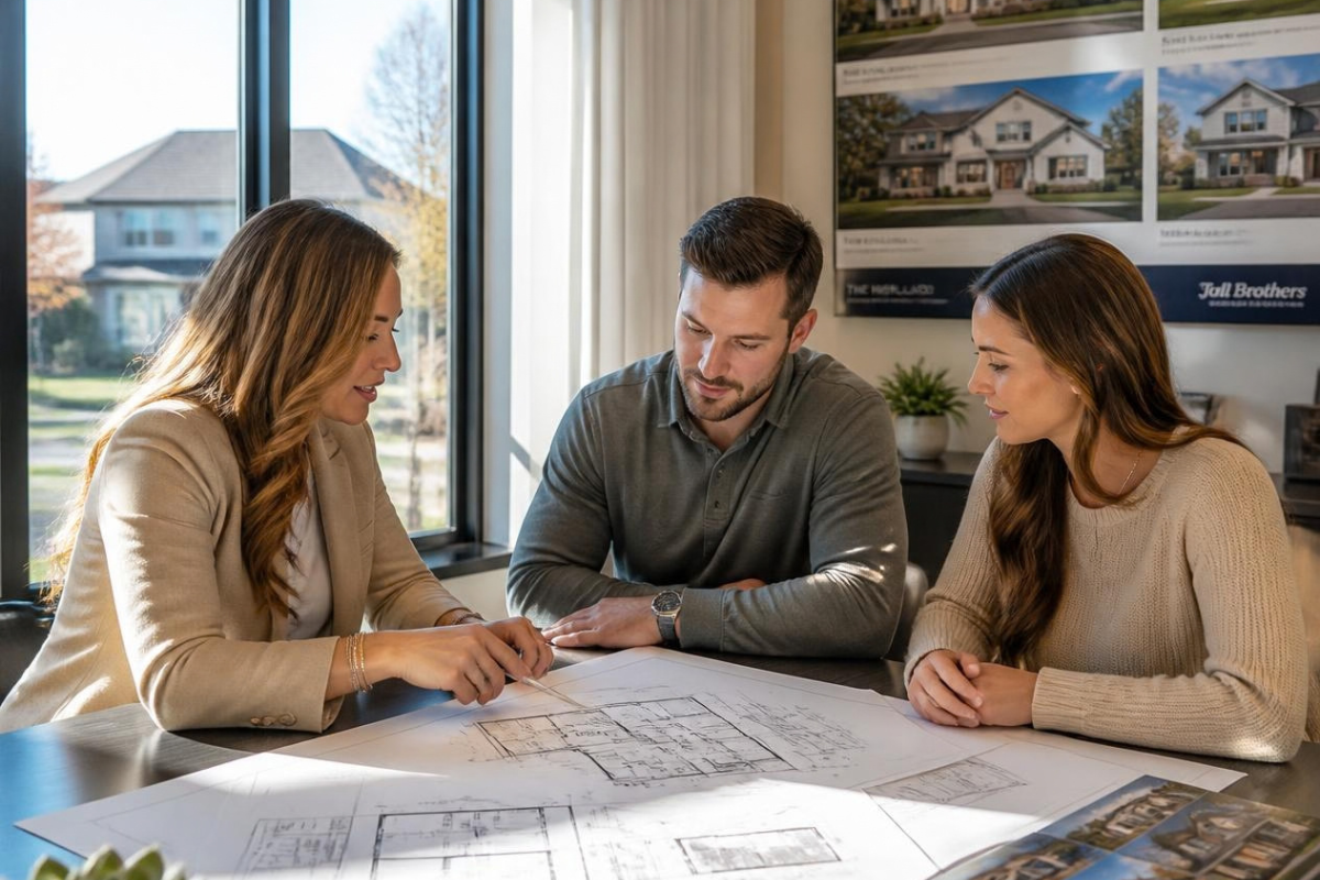 Real estate agent reviewing new construction home plans with buyers in Southern Utah model home office