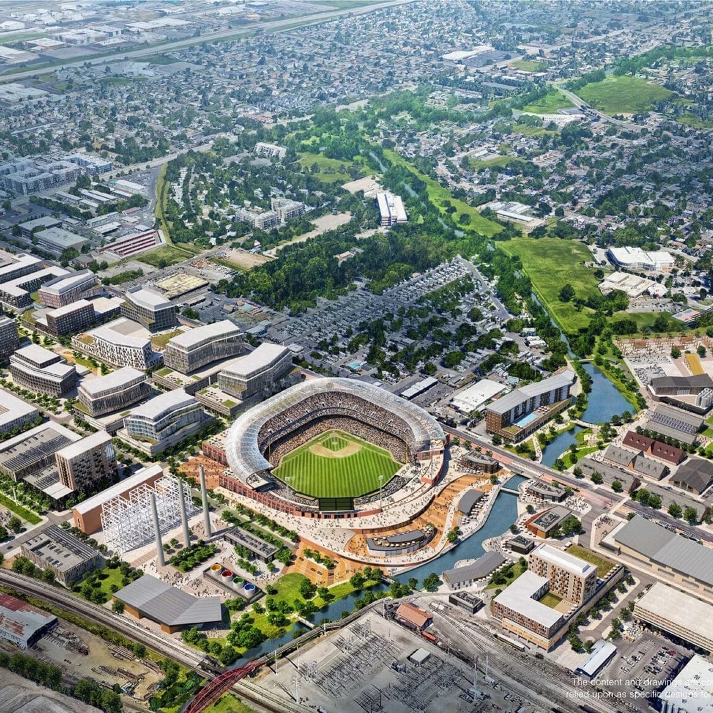 Aerial rendering of the proposed MLB ballpark at the Power District along the Jordan River in Salt Lake City