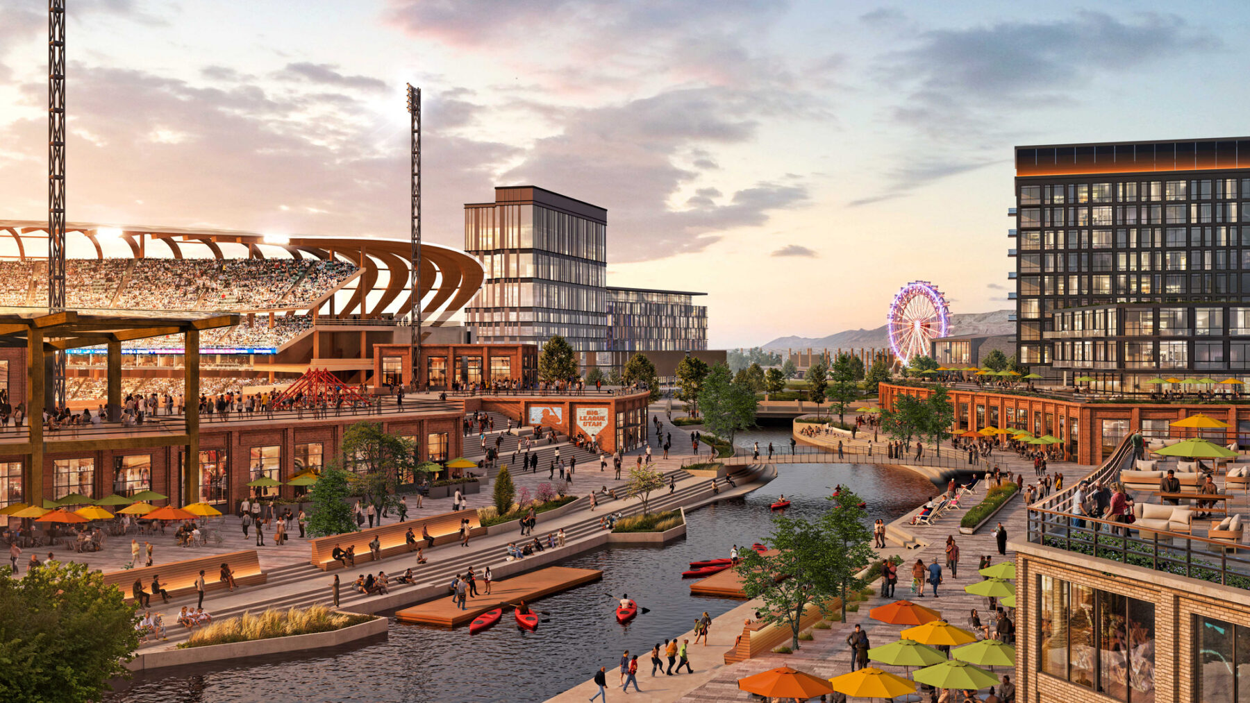 Rendering of the Power District riverwalk with shops, restaurants and kayakers beside the proposed ballpark