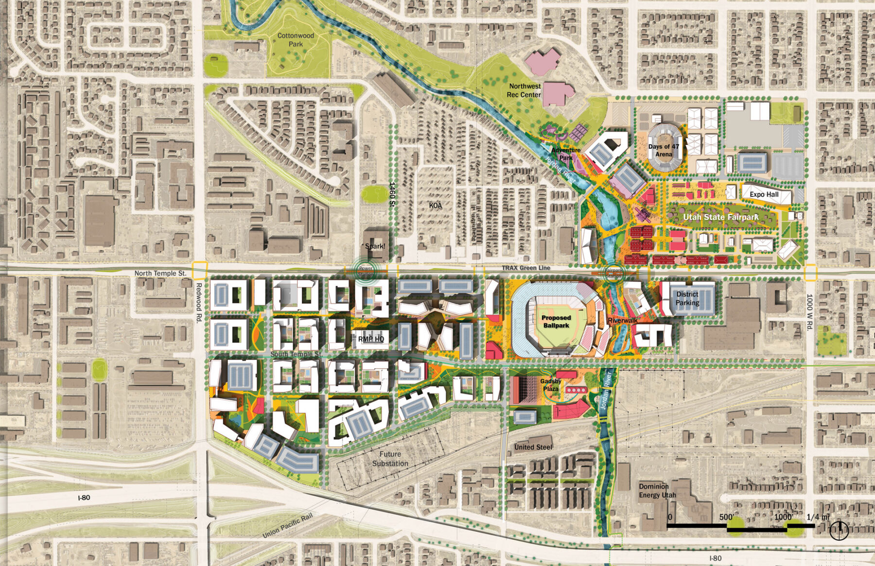 Power District site plan between North Temple and I-80 in Salt Lake City, showing the proposed ballpark, Rocky Mountain Power HQ and Jordan River