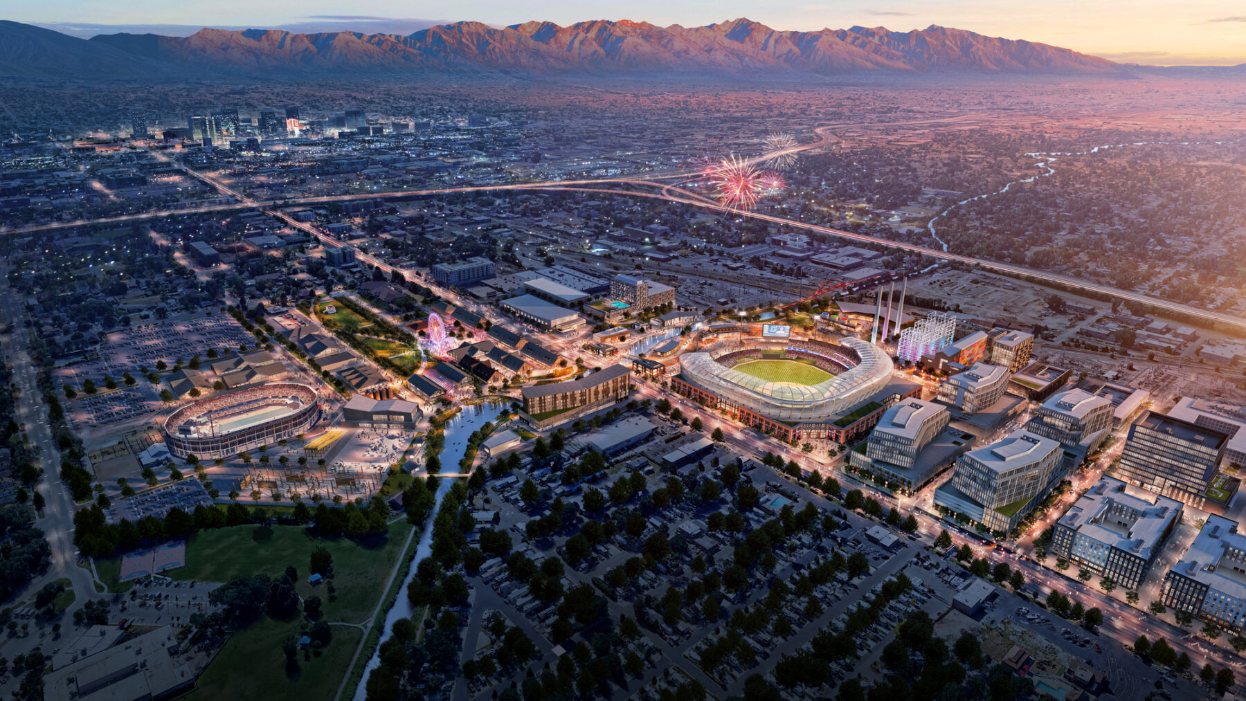 Aerial dusk rendering of the Power District and proposed ballpark on Salt Lake City's west side with the Wasatch Mountains