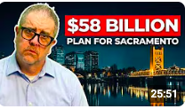 Sacramento skyline at night with Tower Bridge and headline “$58 Billion Plan for Sacramento,” representing future growth, infrastructure investment, and housing expansion in the Greater Sacramento area.