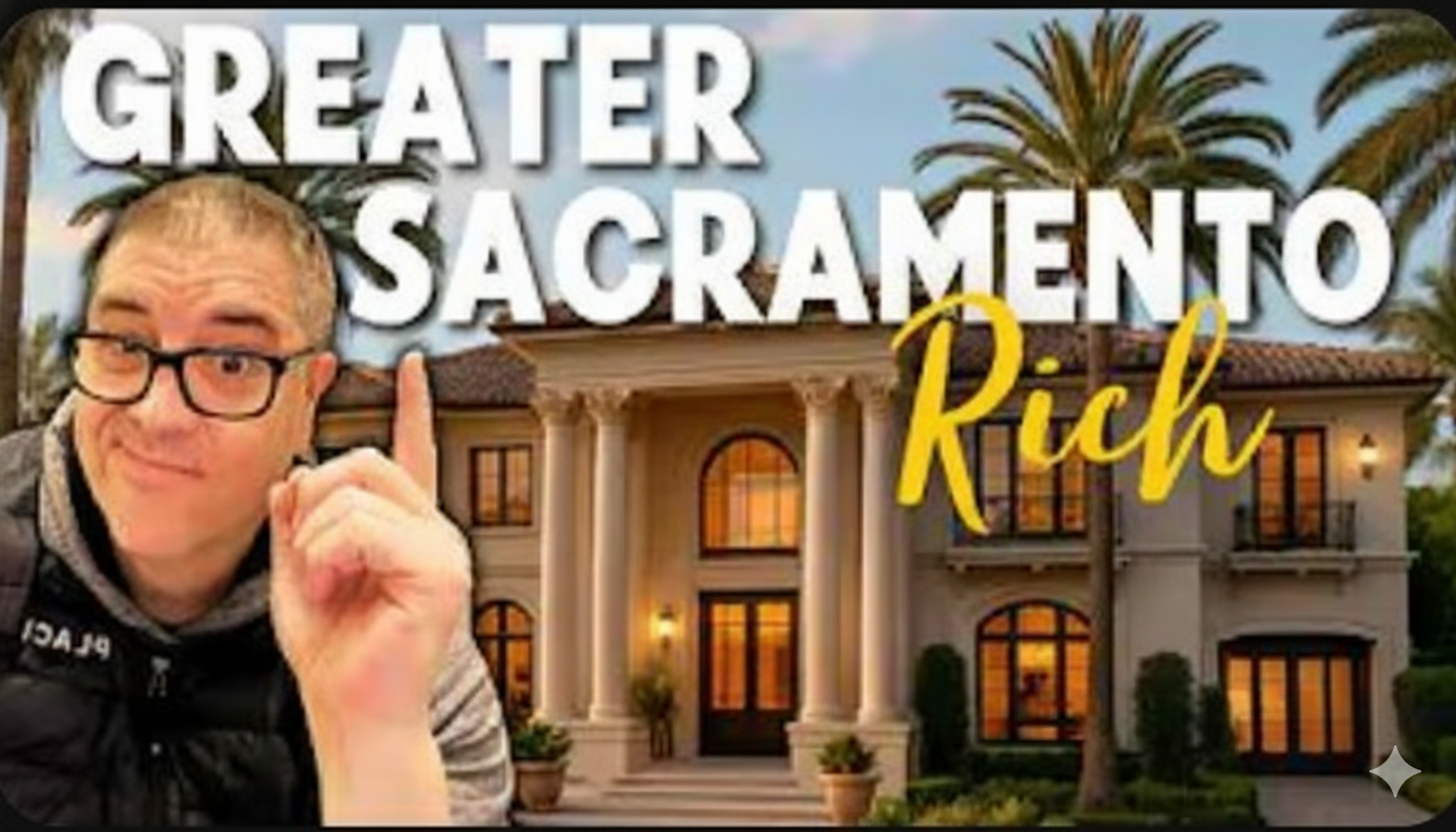 Jake DaRosa presenting a YouTube video about where Sacramento’s wealthy live, with luxury neighborhood map graphics in the background.