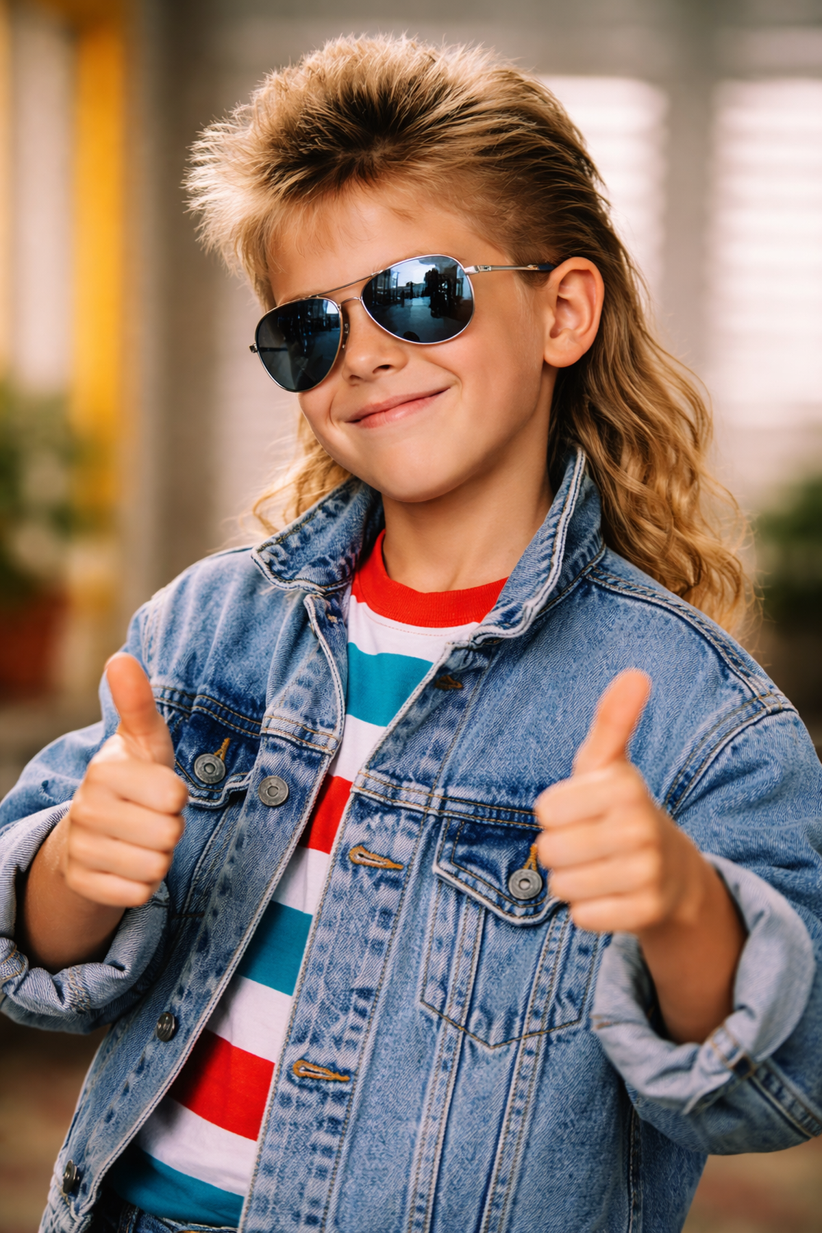 Smiling 1980s-style kid with a mullet haircut wearing aviator sunglasses and a denim jacket, giving two thumbs up with a confident, cool attitude.