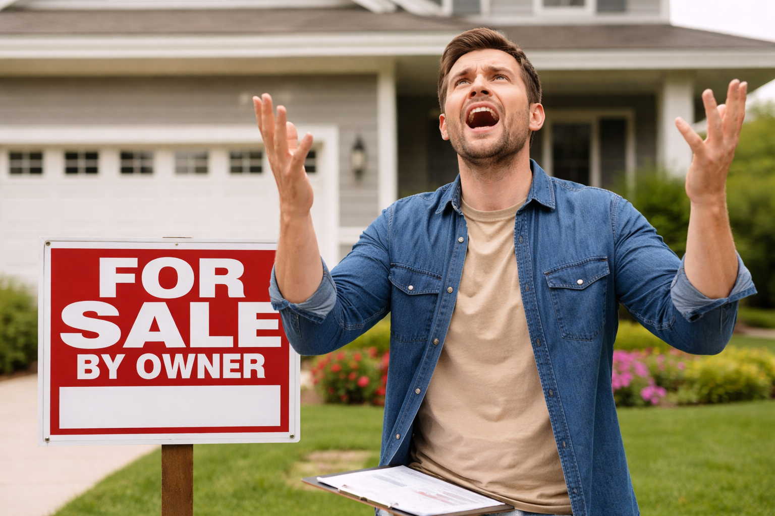 Frustrated homeowner standing in front of a house with a For Sale By Owner sign, showing the stress of trying to sell FSBO without a real estate agent