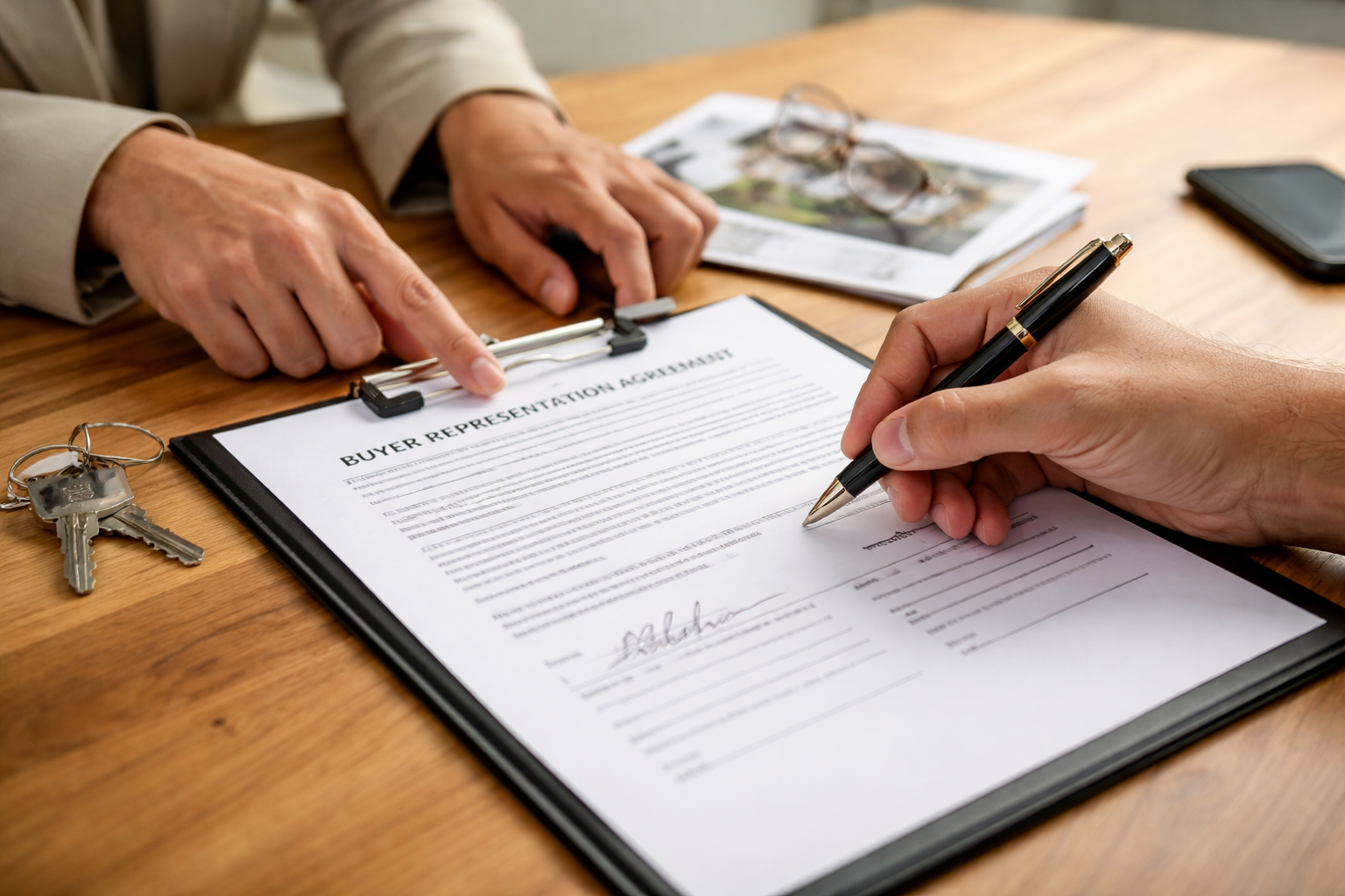 Buyer signing a real estate buyer representation agreement with an agent prior to a home showing