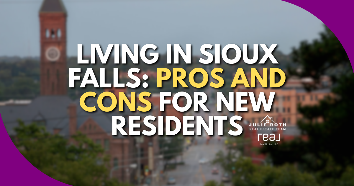 “Living in Sioux Falls: Pros and Cons for New Residents – Julie Roth Real Estate Team | Real Broker LLC. Downtown Sioux Falls city view with clocktower in the background.”