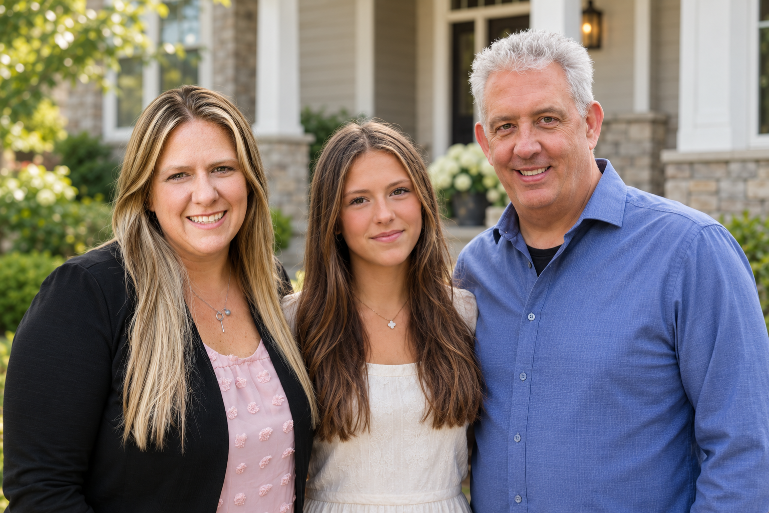 Professional-casual real estate team portrait of three colleagues in a bright modern kitchen