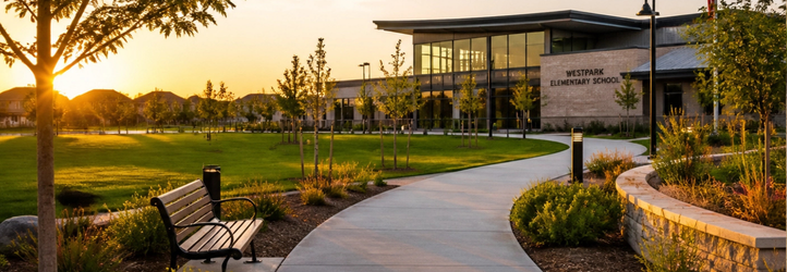 Modern Roseville community park and school funded by local Mello-Roos infrastructure taxes.
