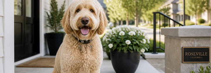 Happy dog on the porch of a modern Roseville CA home in a dog-friendly Placer County neighborhood.