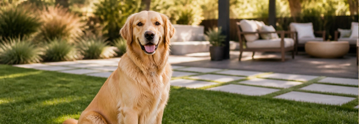 A happy dog in a pet-friendly Granite Bay backyard illustrating Placer County outdoor living space.