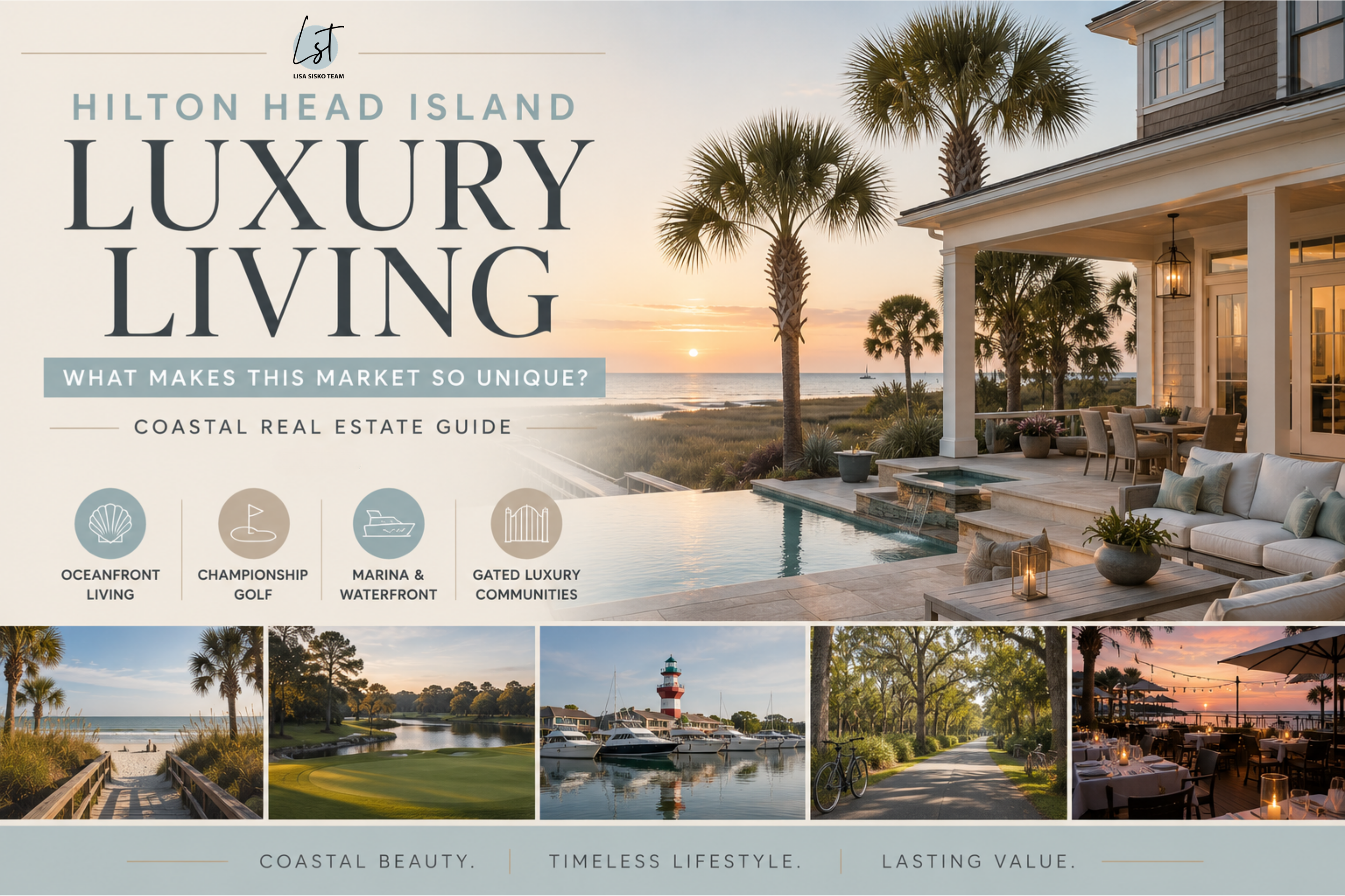 Hilton Head Island luxury real estate graphic featuring an oceanfront coastal home, resort-style outdoor living, marina views, golf communities, and Lowcountry lifestyle imagery.