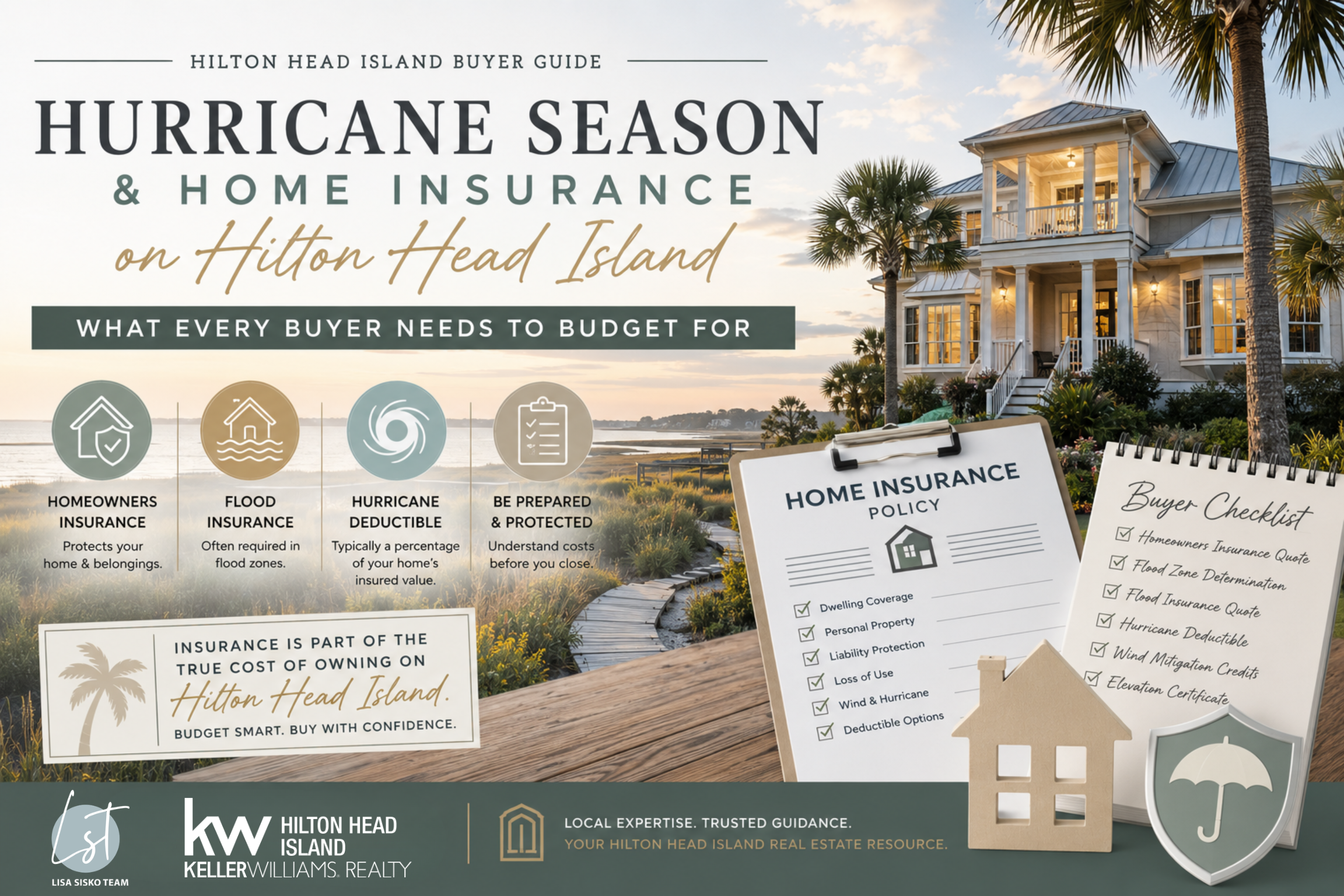 Hilton Head Island home insurance guide featuring a coastal home, hurricane preparedness icons, flood insurance documents, and oceanfront scenery illustrating insurance considerations for Lowcountry homebuyers.