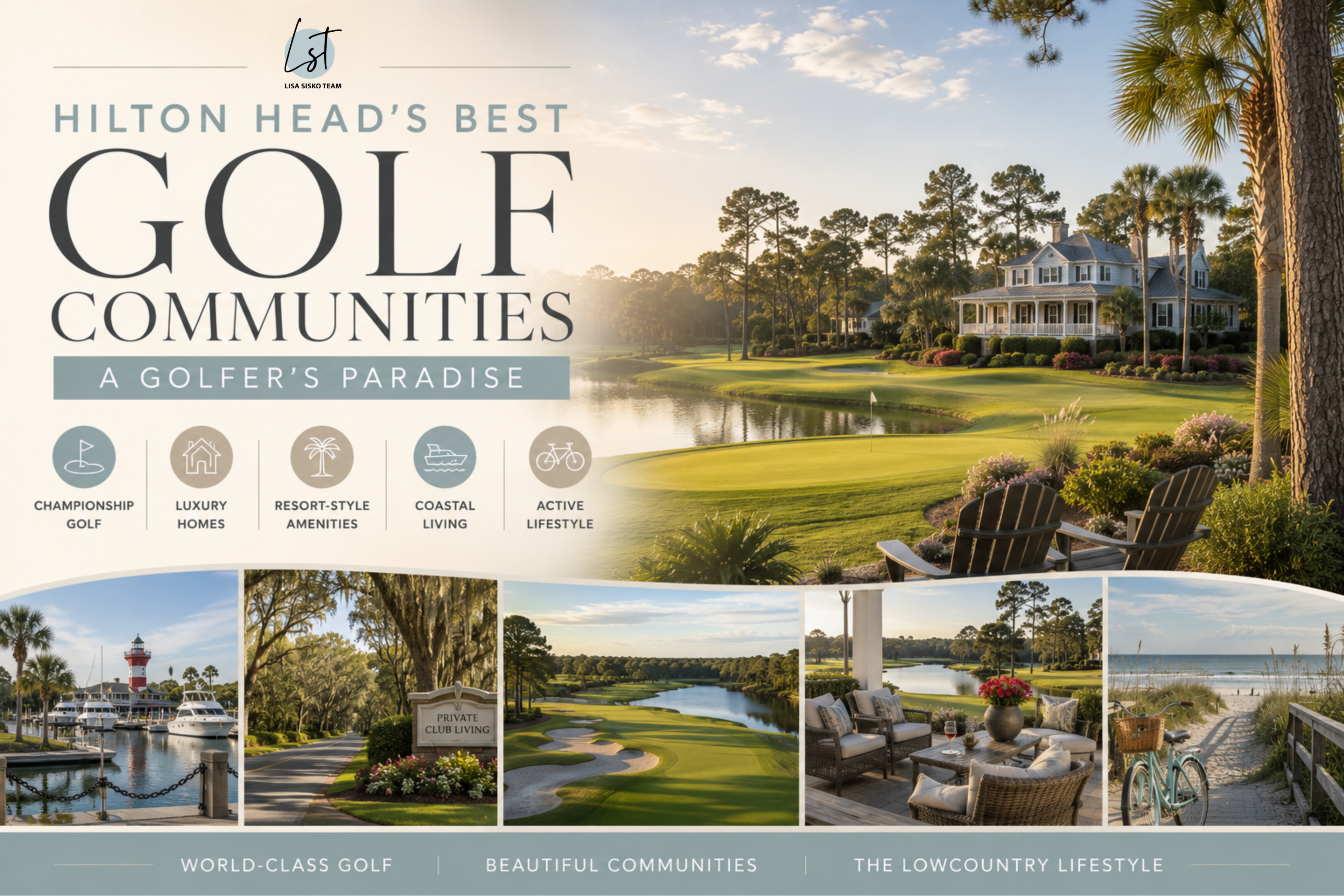 Hilton Head Island golf communities graphic featuring luxury golf course homes, waterfront views, marina lifestyle, resort amenities, and Lowcountry coastal living.