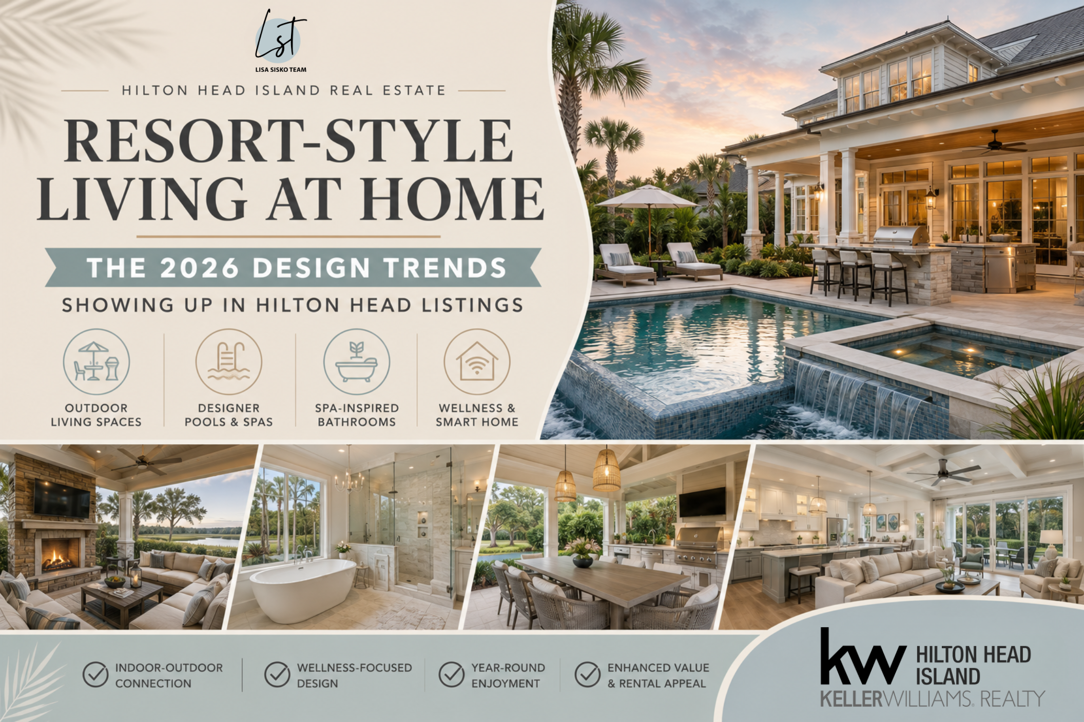 Luxury Hilton Head Island home featuring a resort-style pool, outdoor kitchen, spa-inspired outdoor living space, and modern coastal architecture representing 2026 home design trends.