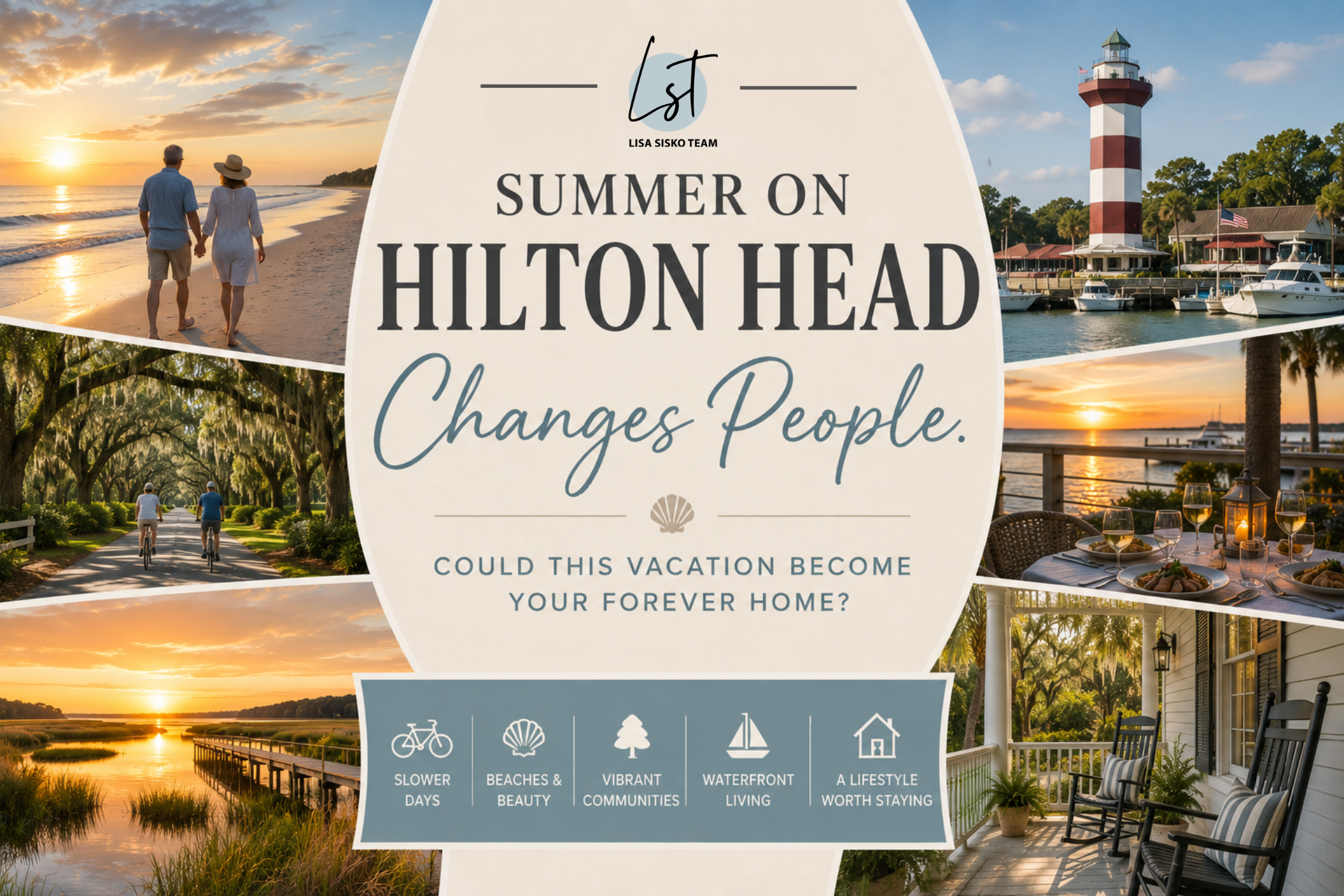 Hilton Head Island real estate lifestyle graphic showcasing beaches, Harbour Town Lighthouse, bike paths, waterfront dining, marsh sunsets, and coastal living for buyers considering relocating to Hilton Head or purchasing a vacation home.