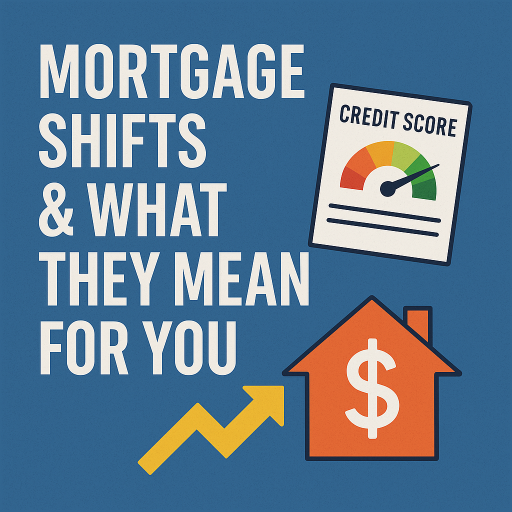 Graphic featuring the title 'Mortgage Shifts & What They Mean for You' in bold white text on a blue background. Includes illustrations of a credit score gauge, a dollar-sign house icon, and an upward yellow arrow, symbolizing financial and mortgage trends.
