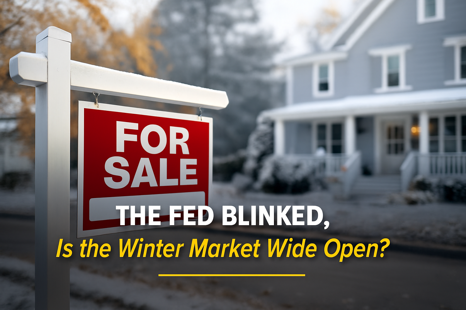 For Sale sign in front of a winter suburban home with overlaid text reading ‘The Fed Blinked, Is the Winter Market Wide Open?’ representing improved buying conditions after the recent Fed rate cut