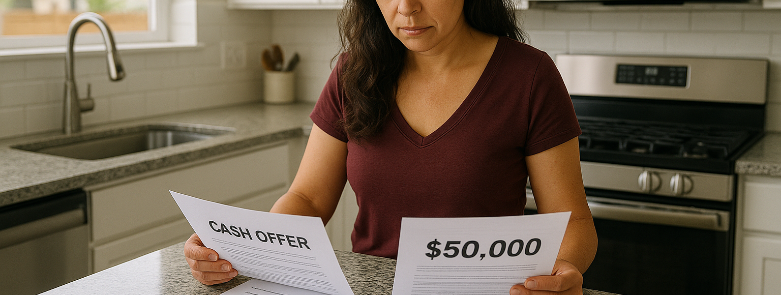 A woman in a Las Vegas kitchen reviews two offers: a