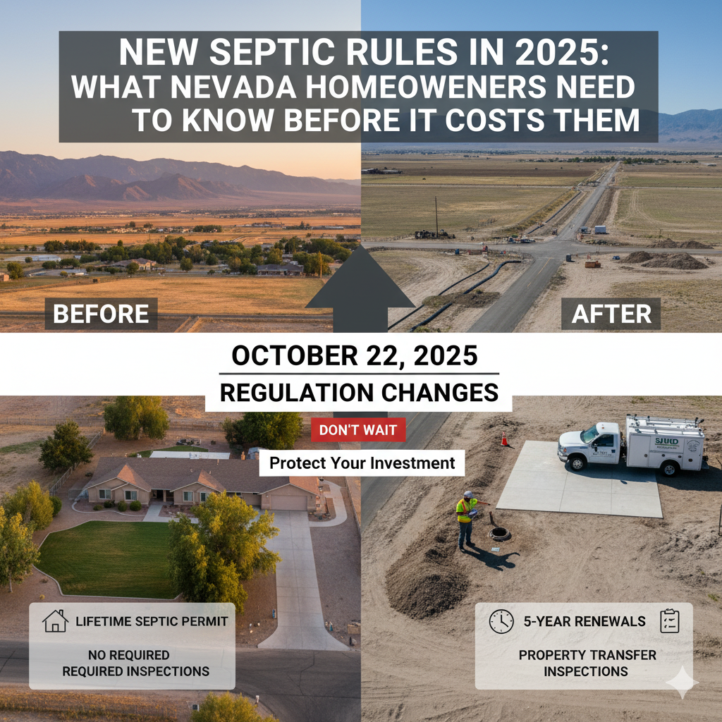 Before and after image showing Nevada’s new septic rules in 2025, highlighting the shift from lifetime septic permits to five-year renewals and property transfer inspections under the Southern Nevada Health District regulations