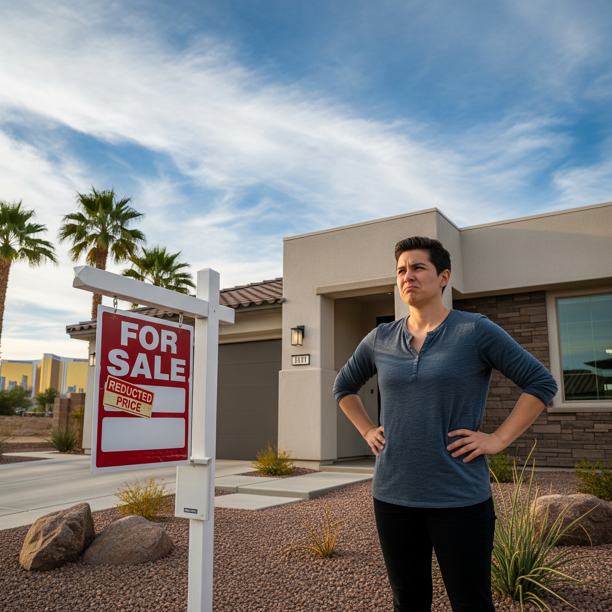 A frustrated Las Vegas home seller stands in front of a house with a 'For Sale' sign that has a 'Reduced Price' sticker.