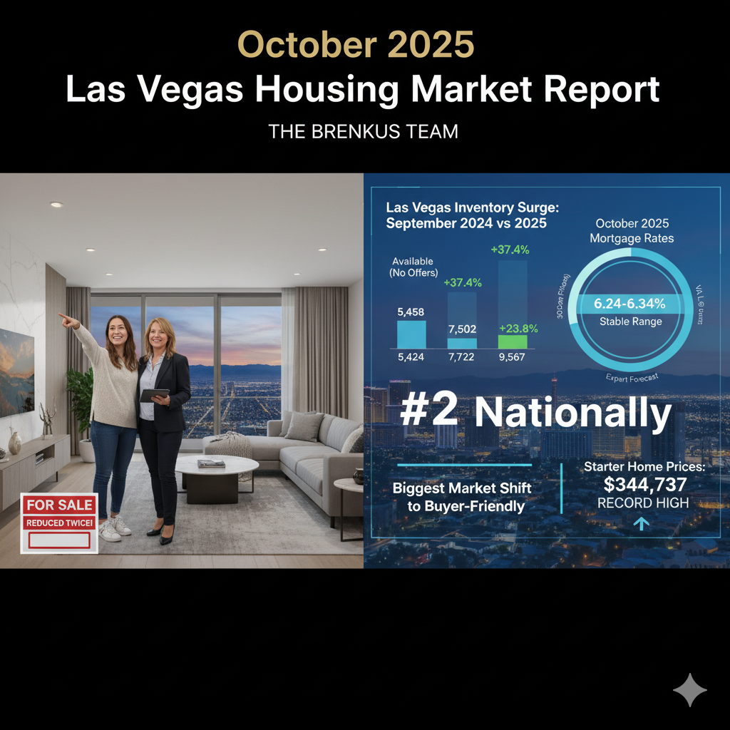 Las Vegas Housing Market Report October 2025 – The Brenkus Team highlights inventory surge, stable mortgage rates, and #2 national market shift.