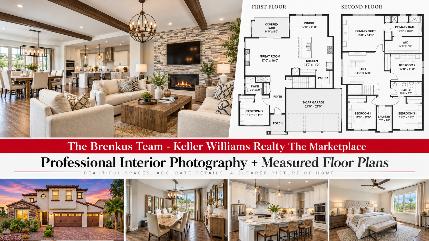Example of high-definition professional interior real estate photography paired with a detailed 2D architectural floor plan featuring spatial room dimensions.