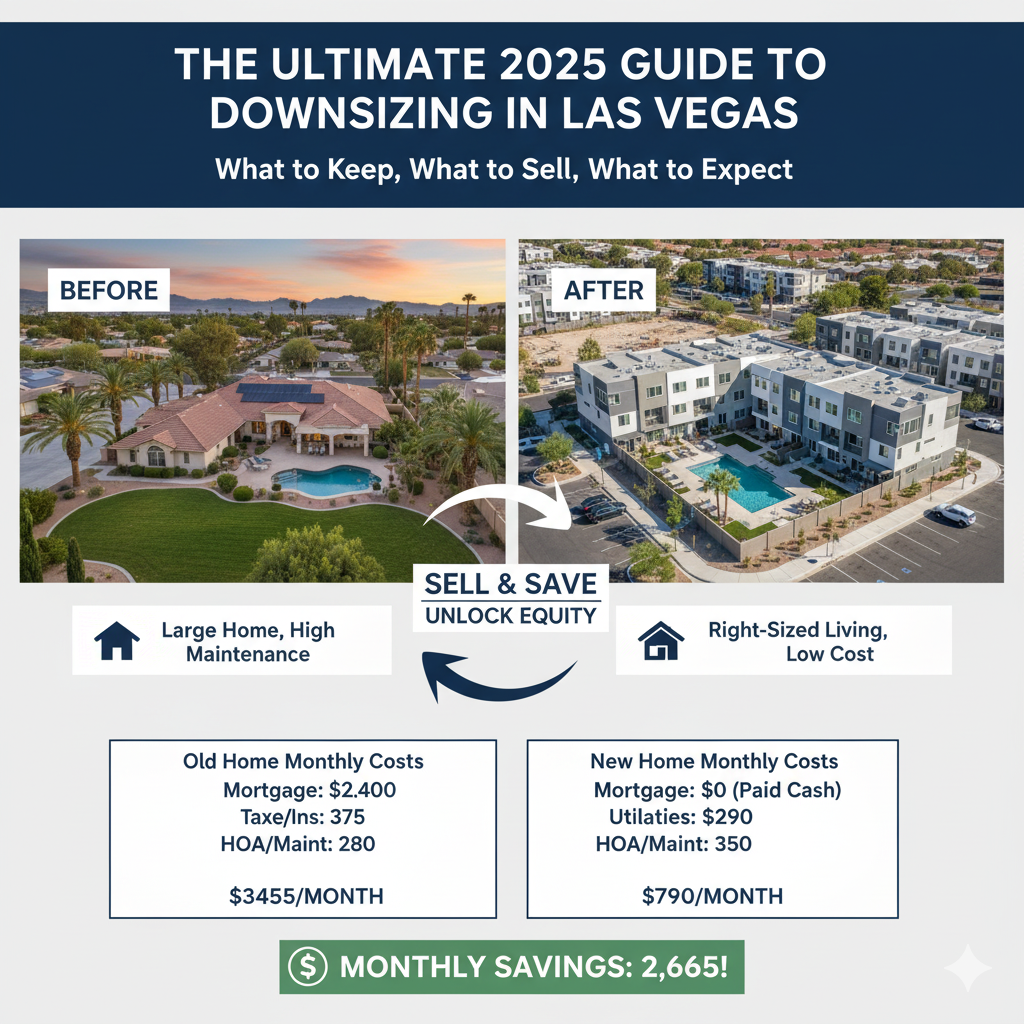 Infographic comparing before-and-after monthly costs of downsizing in Las Vegas, showing a large home versus a right-sized condo with $2,665 in monthly savings.