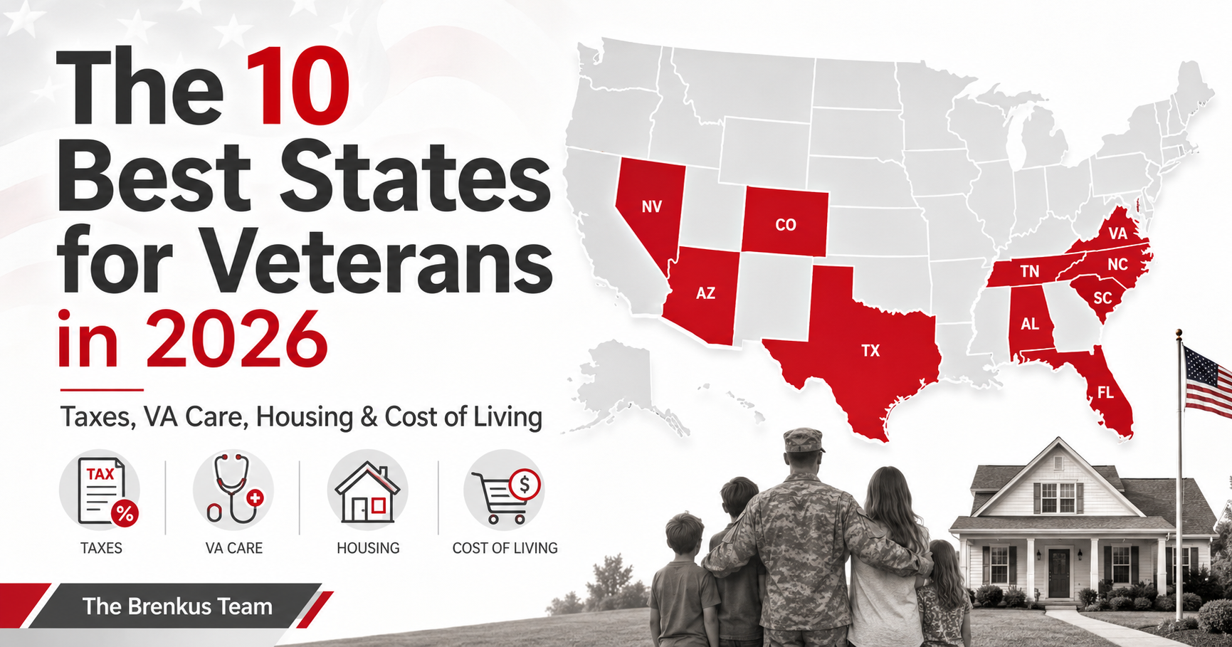 Map and comparison guide showing the best states for veterans in 2026 based on taxes, VA healthcare, housing affordability, and military retirement benefits