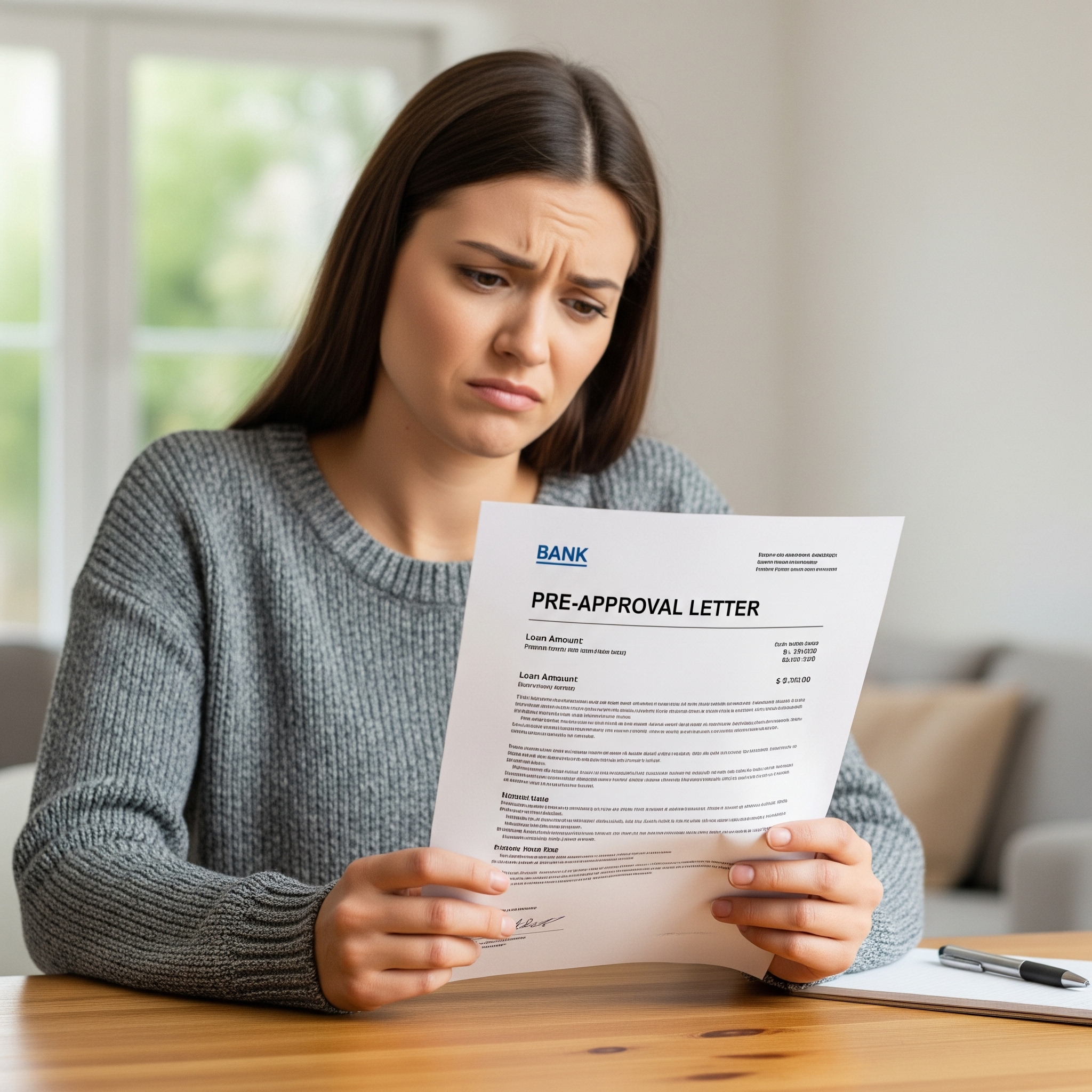 A disappointed Las Vegas homebuyer looks at a mortgage pre-approval letter, a visual representation of the story about a woman named Sarah facing a reduced home price ceiling due to rising interest rates