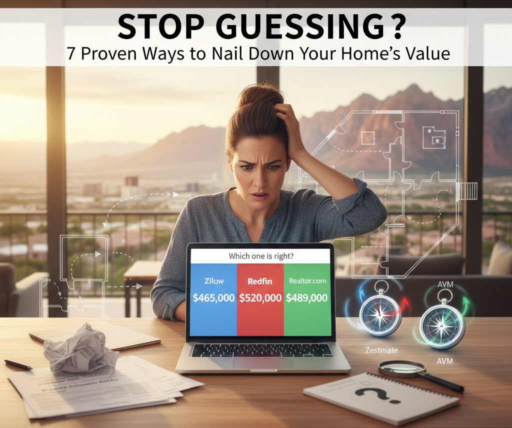 A confused Las Vegas homeowner looks at her laptop which shows three conflicting home value estimates from Zillow, Redfin, and Realtor.com. The image text reads: Stop Guessing? 7 Proven Ways to Nail Down Your Home’s Value.